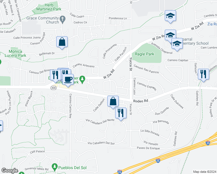 map of restaurants, bars, coffee shops, grocery stores, and more near 2410 Calle Bella in Santa Fe