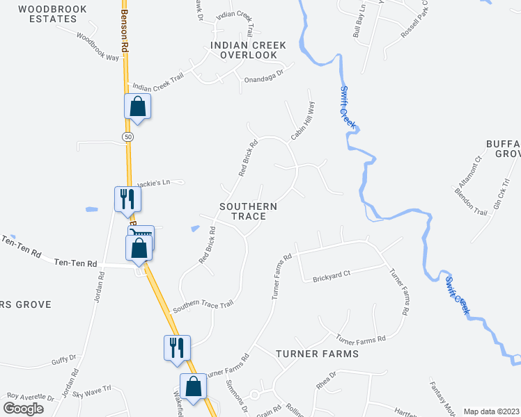 map of restaurants, bars, coffee shops, grocery stores, and more near 5116 Southern Belle Lane in Garner