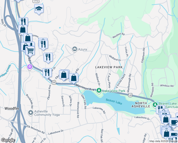 map of restaurants, bars, coffee shops, grocery stores, and more near 391 Midland Drive in Asheville