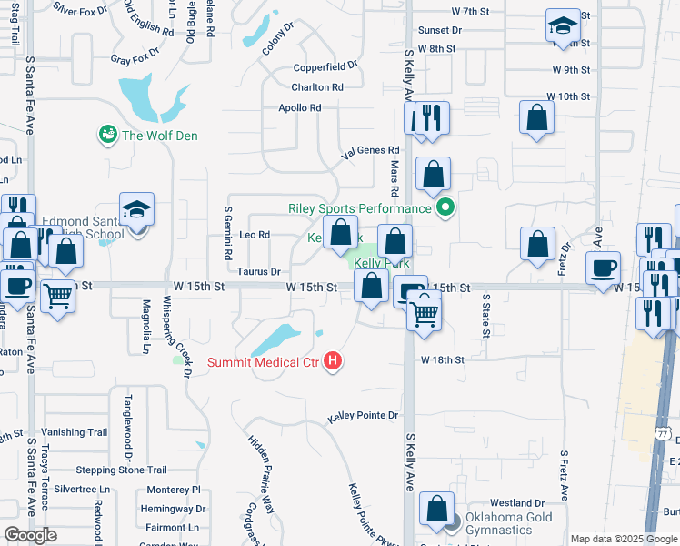 map of restaurants, bars, coffee shops, grocery stores, and more near 1135 West 15th Street in Edmond
