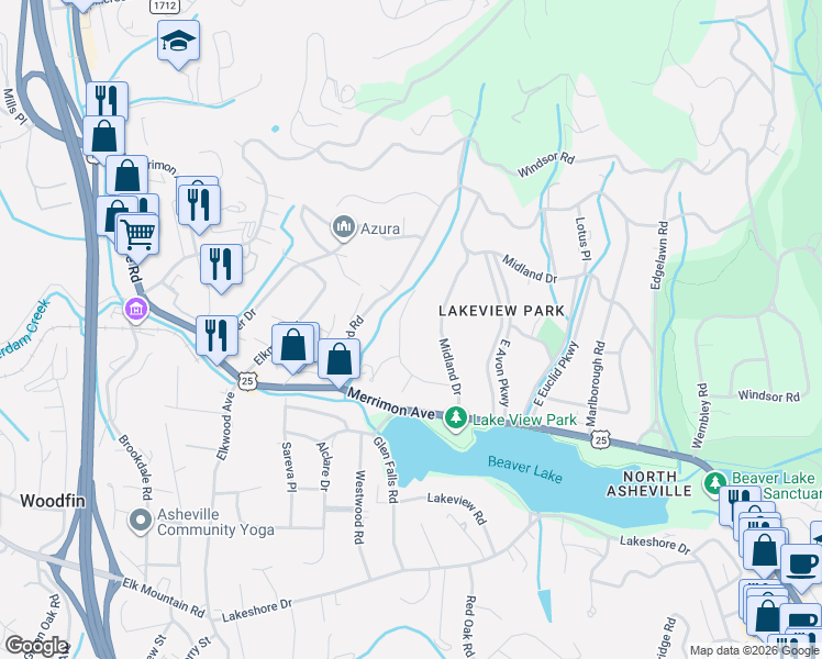 map of restaurants, bars, coffee shops, grocery stores, and more near 391 Midland Drive in Asheville