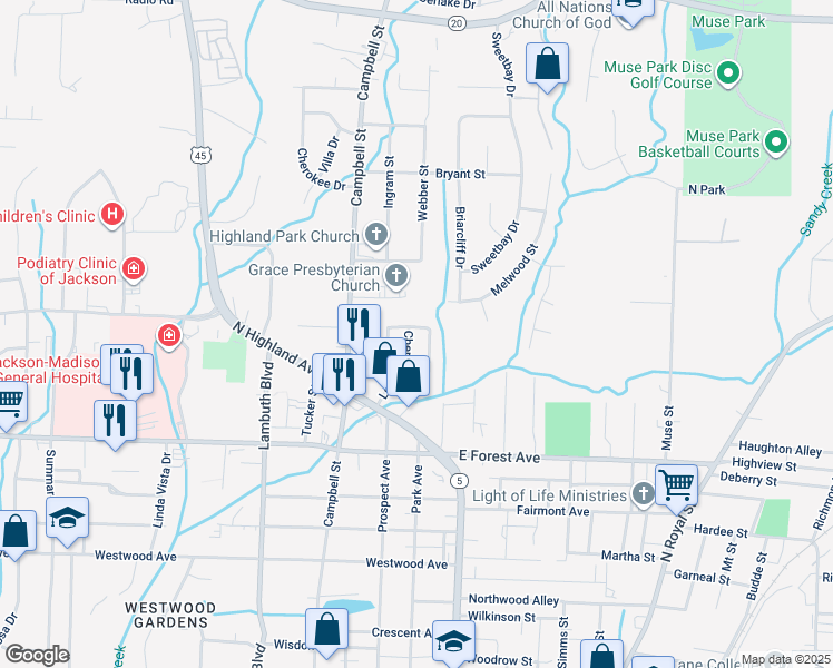map of restaurants, bars, coffee shops, grocery stores, and more near 33 Cherry Place in Jackson