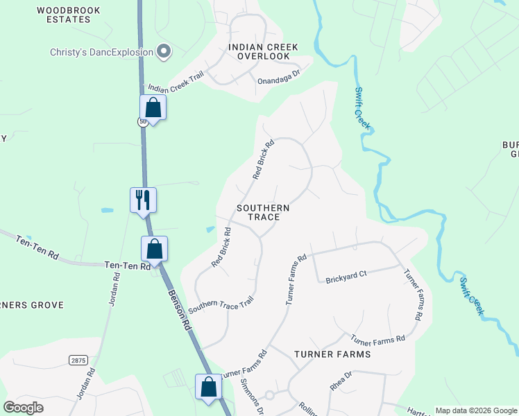 map of restaurants, bars, coffee shops, grocery stores, and more near 5100 Southern Belle Lane in Garner