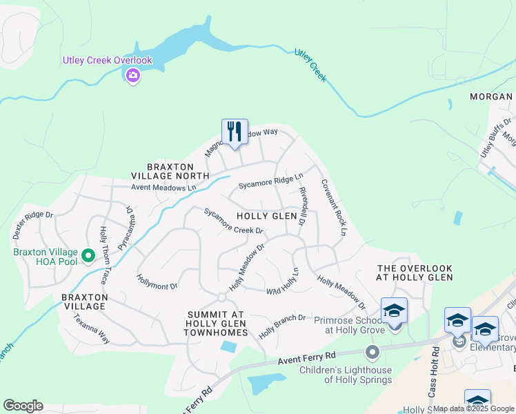map of restaurants, bars, coffee shops, grocery stores, and more near 400 Acorn Falls Court in Holly Springs