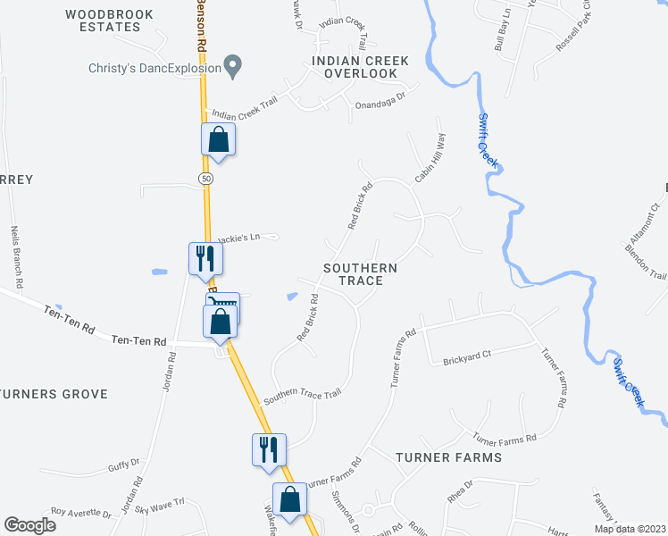 map of restaurants, bars, coffee shops, grocery stores, and more near 1204 Red Brick Road in Garner