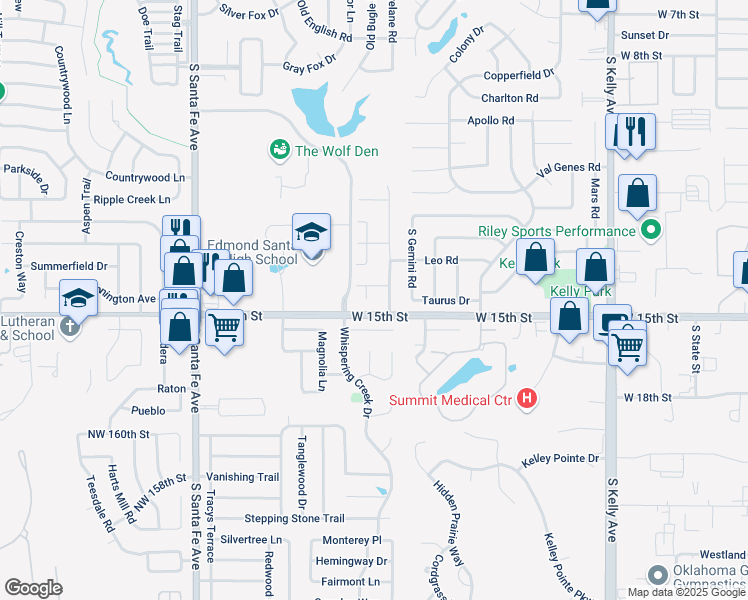 map of restaurants, bars, coffee shops, grocery stores, and more near 1421 Del Norte Drive in Edmond
