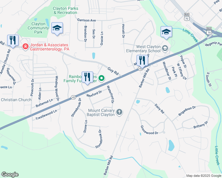 map of restaurants, bars, coffee shops, grocery stores, and more near 201 Waterford Drive in Clayton
