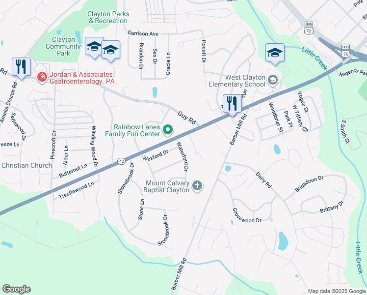 map of restaurants, bars, coffee shops, grocery stores, and more near 201 Waterford Drive in Clayton