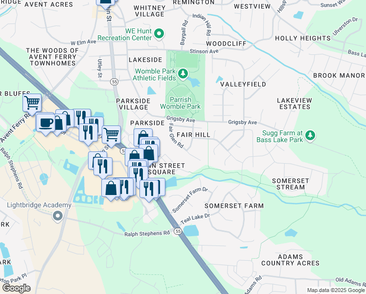 map of restaurants, bars, coffee shops, grocery stores, and more near 308 Fair Glen Road in Holly Springs