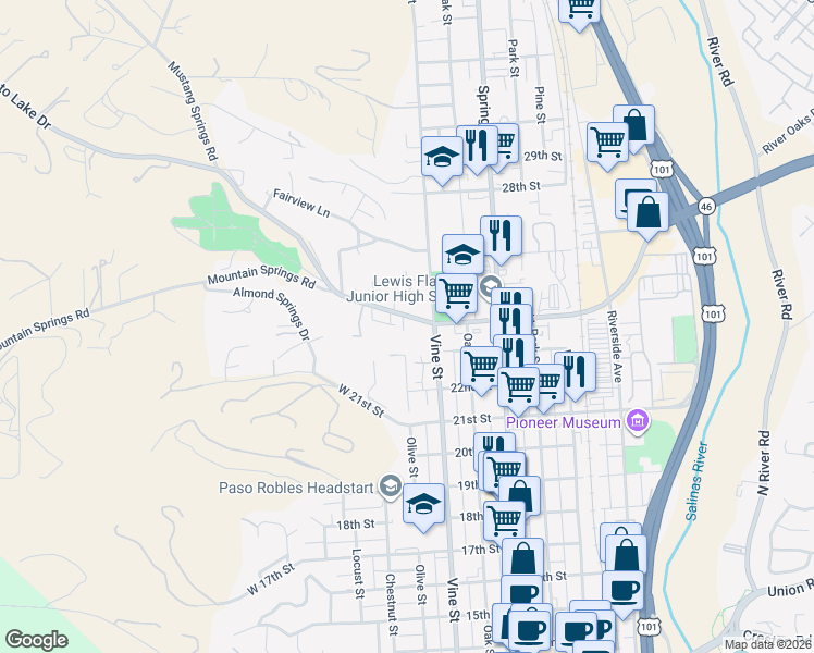 map of restaurants, bars, coffee shops, grocery stores, and more near 2322 Olive Street in Paso Robles