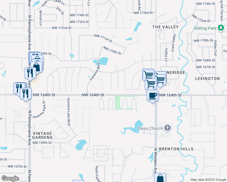 map of restaurants, bars, coffee shops, grocery stores, and more near 16504 Thorton Ln in Edmond