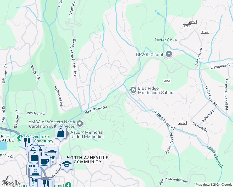 map of restaurants, bars, coffee shops, grocery stores, and more near 14 Stuart Circle in Asheville