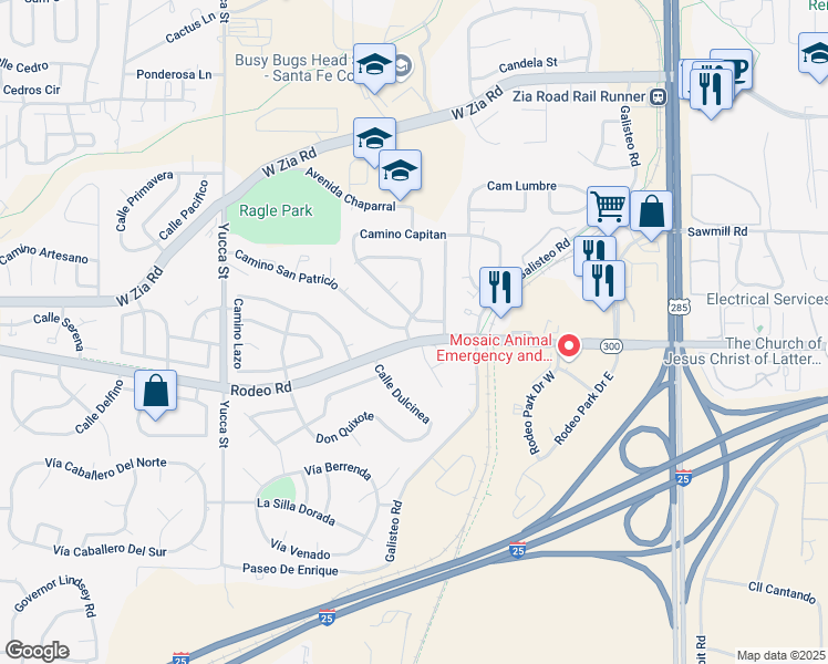 map of restaurants, bars, coffee shops, grocery stores, and more near 2800 Calle Calmo in Santa Fe