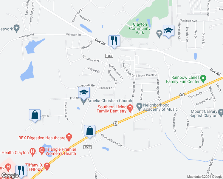 map of restaurants, bars, coffee shops, grocery stores, and more near 1005 Breeze Lane in Clayton
