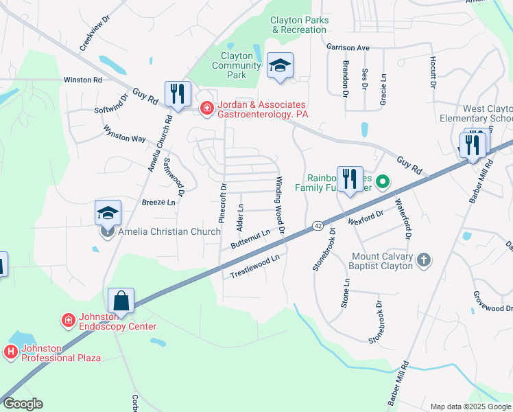 map of restaurants, bars, coffee shops, grocery stores, and more near 213 Bentwood Lane in Clayton