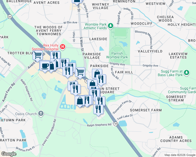 map of restaurants, bars, coffee shops, grocery stores, and more near 2000 Kentworth Drive in Holly Springs