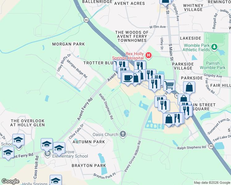 map of restaurants, bars, coffee shops, grocery stores, and more near 204 Ralph Stephens Road in Holly Springs