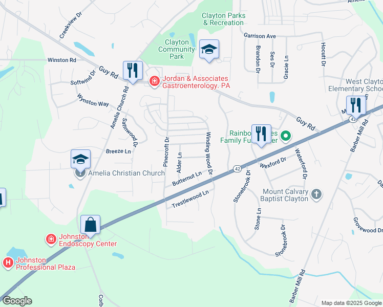 map of restaurants, bars, coffee shops, grocery stores, and more near 213 Bentwood Lane in Clayton