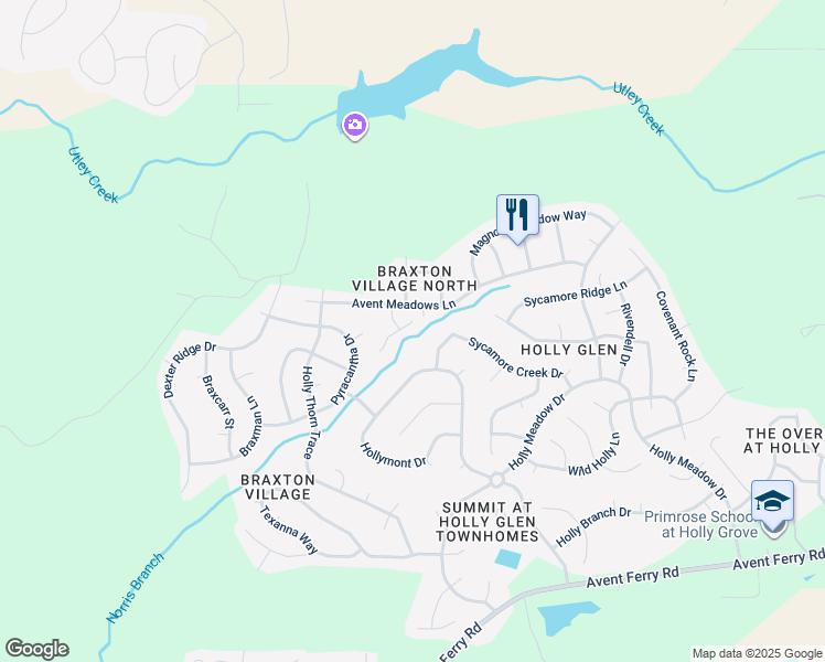 map of restaurants, bars, coffee shops, grocery stores, and more near 109 Gillean Lane in Holly Springs