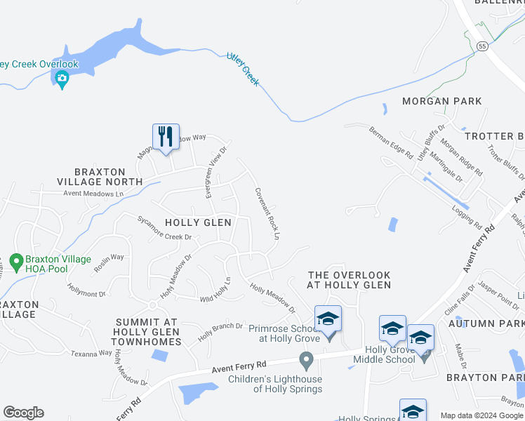 map of restaurants, bars, coffee shops, grocery stores, and more near 300 Covenant Rock Lane in Holly Springs