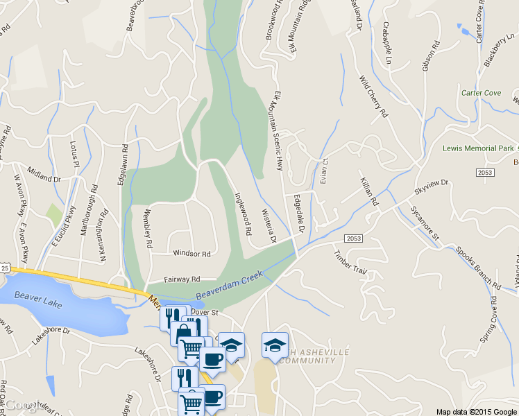 map of restaurants, bars, coffee shops, grocery stores, and more near 24 Wisteria Drive in Asheville
