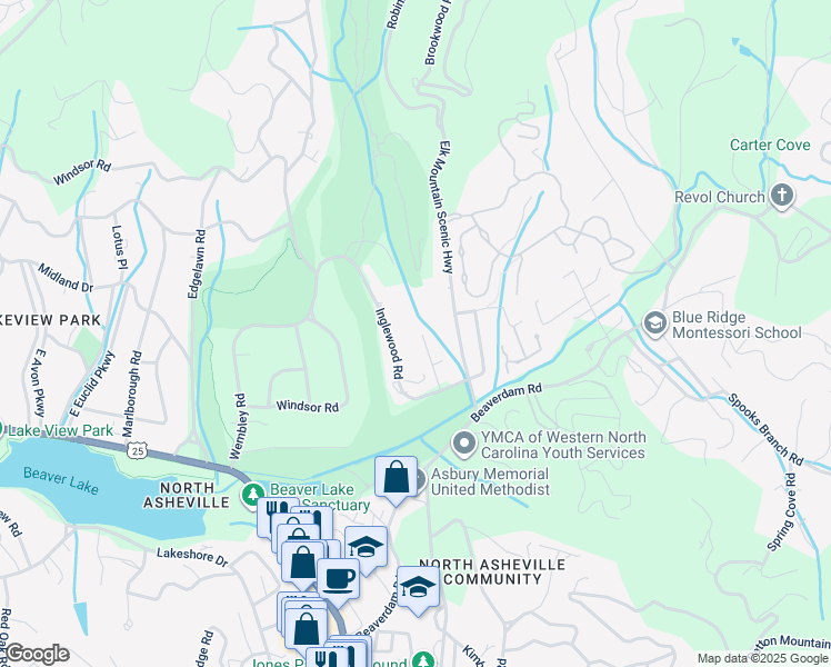 map of restaurants, bars, coffee shops, grocery stores, and more near 24 Wisteria Drive in Asheville