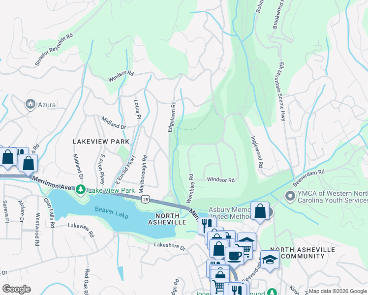 map of restaurants, bars, coffee shops, grocery stores, and more near 103 Wembley Road in Asheville