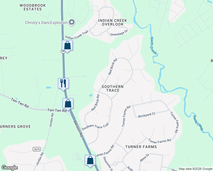 map of restaurants, bars, coffee shops, grocery stores, and more near 5100 Southern Belle Lane in Garner