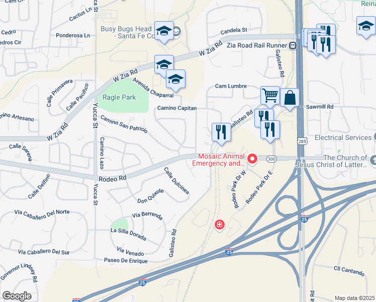 map of restaurants, bars, coffee shops, grocery stores, and more near 2800 Calle Calmo in Santa Fe