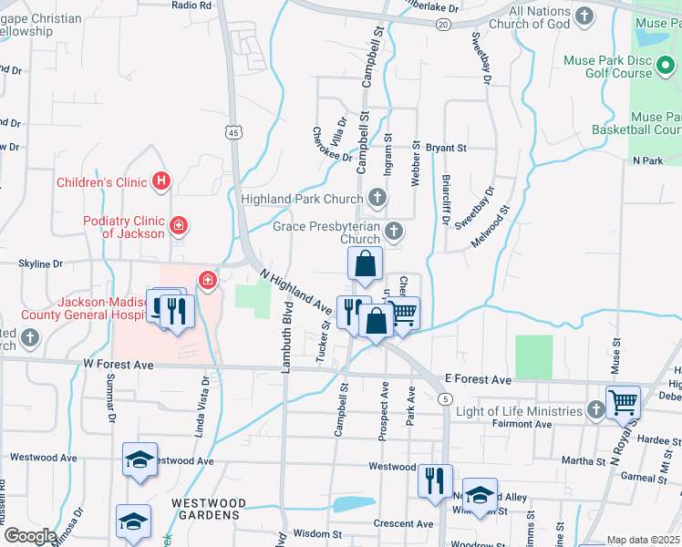 map of restaurants, bars, coffee shops, grocery stores, and more near Gillman Lane in Jackson