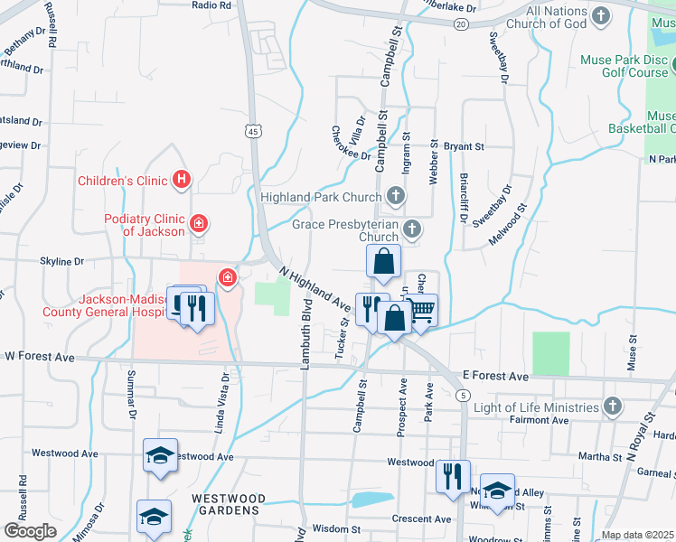 map of restaurants, bars, coffee shops, grocery stores, and more near 1420 N Highland Ave in Jackson