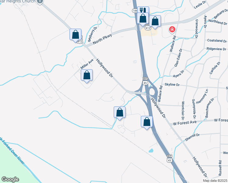 map of restaurants, bars, coffee shops, grocery stores, and more near 55 Camelot Cove in Jackson