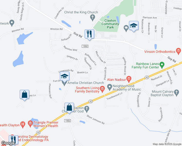 map of restaurants, bars, coffee shops, grocery stores, and more near 5001 Satinwood Drive in Clayton