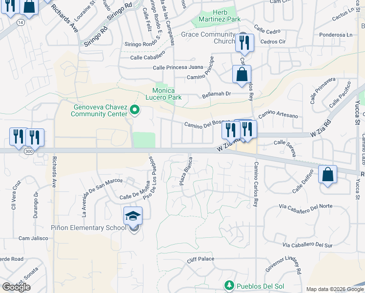 map of restaurants, bars, coffee shops, grocery stores, and more near 3156 Plaza Blanca in Santa Fe