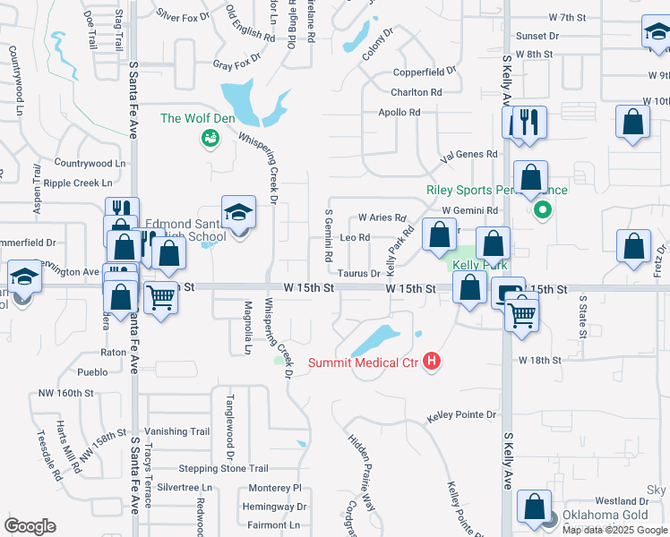map of restaurants, bars, coffee shops, grocery stores, and more near 1408 South Gemini Road in Edmond
