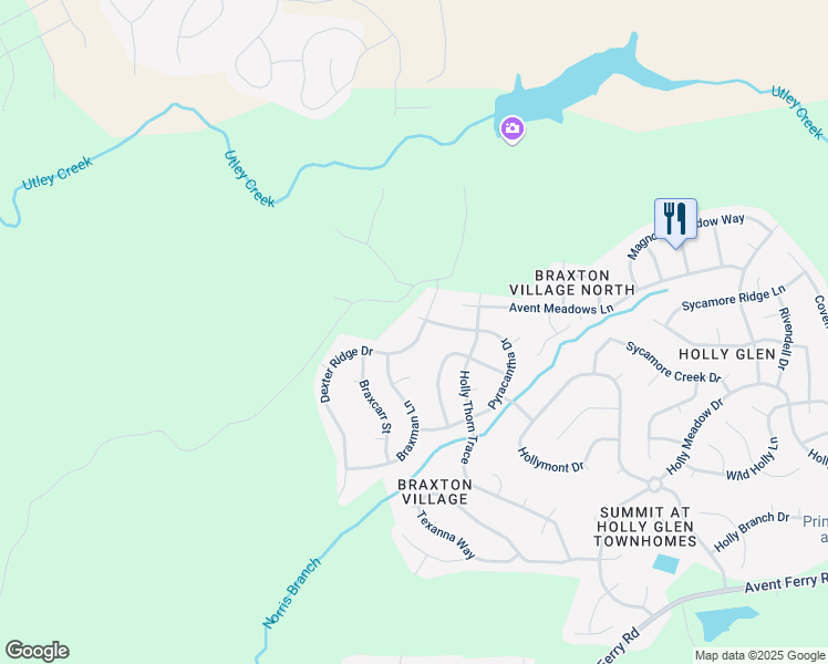 map of restaurants, bars, coffee shops, grocery stores, and more near 1420 Dexter Ridge Drive in Holly Springs