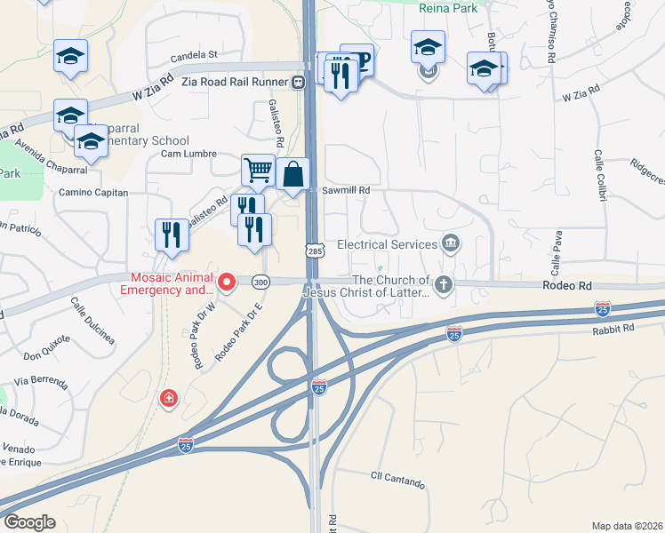 map of restaurants, bars, coffee shops, grocery stores, and more near 543 Rodeo Road in Santa Fe