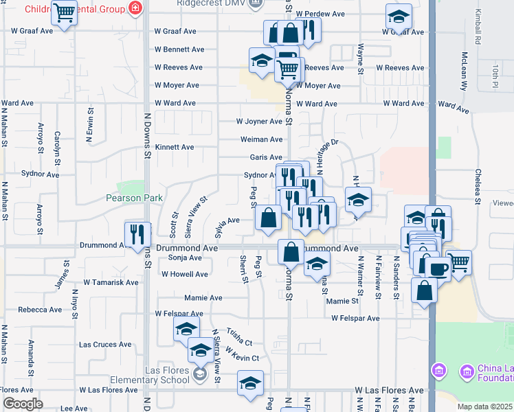 map of restaurants, bars, coffee shops, grocery stores, and more near 1004 Peg Street in Ridgecrest