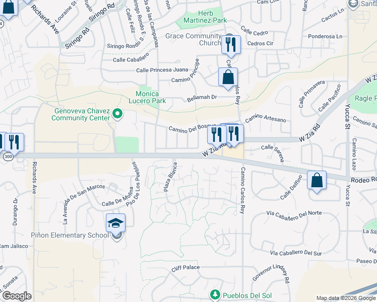 map of restaurants, bars, coffee shops, grocery stores, and more near 2904 Calle De Pinos Altos in Santa Fe