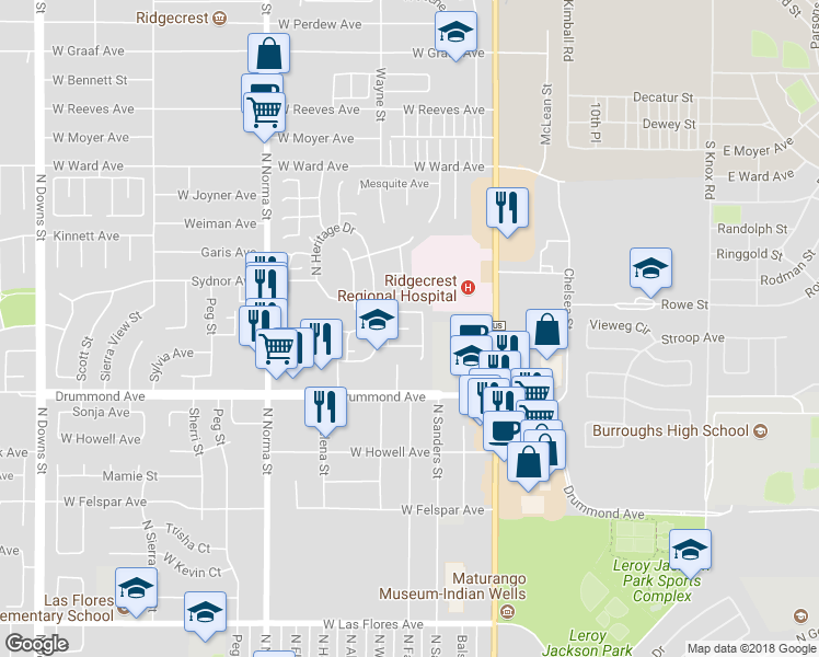 map of restaurants, bars, coffee shops, grocery stores, and more near Kennedy Court in Ridgecrest
