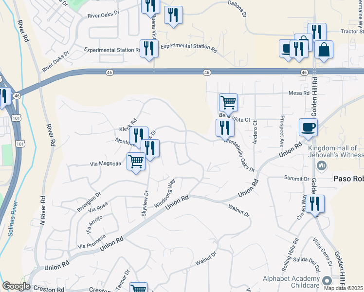 map of restaurants, bars, coffee shops, grocery stores, and more near 1721 Kleck Road in Paso Robles
