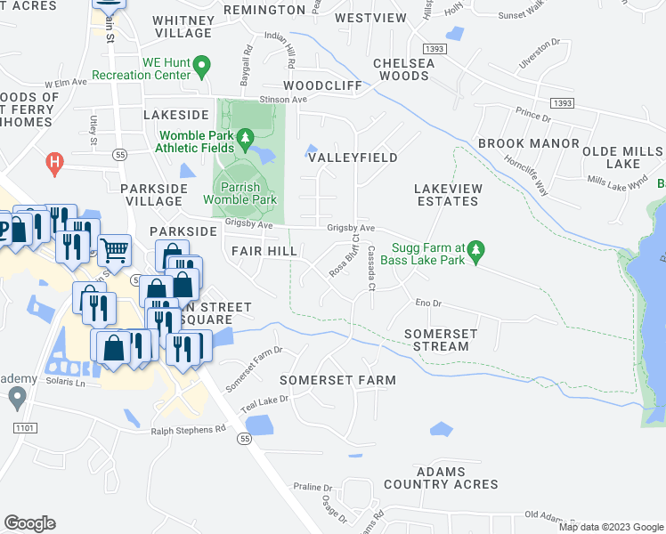 map of restaurants, bars, coffee shops, grocery stores, and more near 108 Rosa Bluff Court in Holly Springs