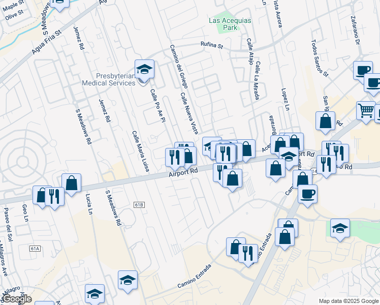 map of restaurants, bars, coffee shops, grocery stores, and more near 1345 Calle Corazzi in Santa Fe