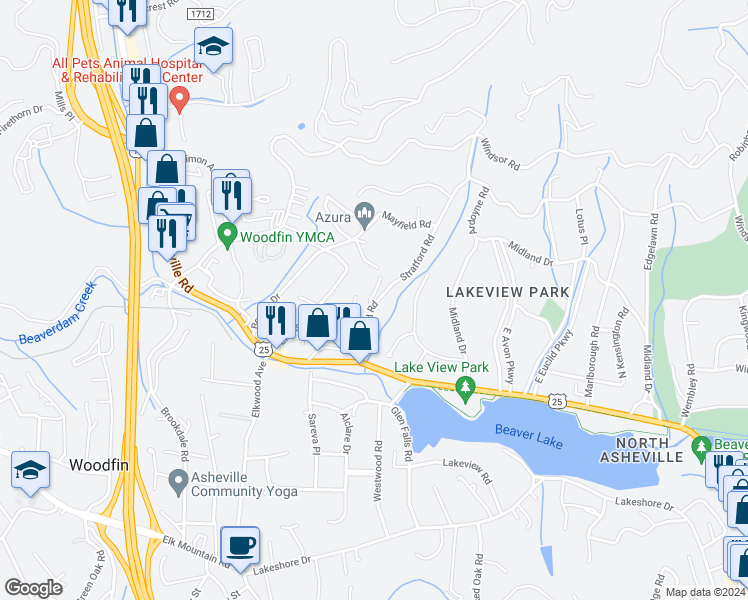 map of restaurants, bars, coffee shops, grocery stores, and more near 405 Stratford Road in Asheville