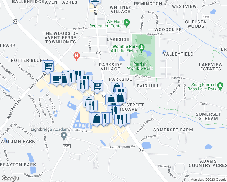 map of restaurants, bars, coffee shops, grocery stores, and more near 6041 Kentworth Drive in Holly Springs