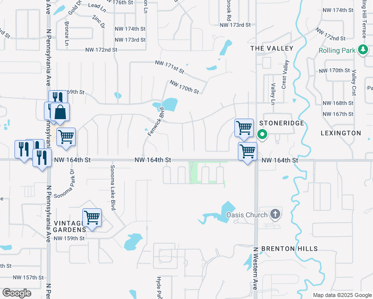 map of restaurants, bars, coffee shops, grocery stores, and more near 16504 Thorton Lane in Edmond