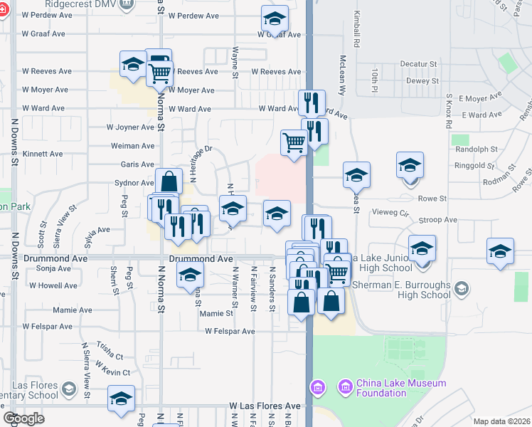 map of restaurants, bars, coffee shops, grocery stores, and more near 140 Drummond Avenue in Ridgecrest