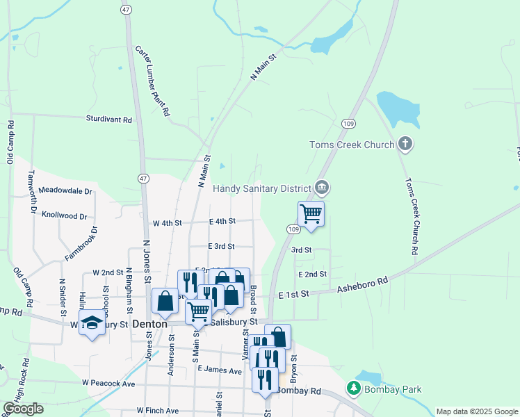 map of restaurants, bars, coffee shops, grocery stores, and more near 386 Broad Street in Denton
