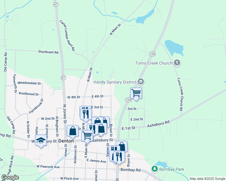 map of restaurants, bars, coffee shops, grocery stores, and more near 386 Broad Street in Denton