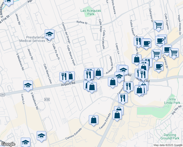 map of restaurants, bars, coffee shops, grocery stores, and more near Unnamed Road in Santa Fe